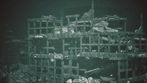 Abandoned Building Ruins in a Desolate Urban Landscape at Night