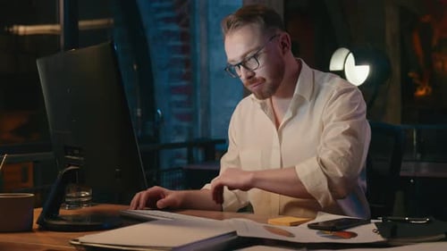 Overworked Productivity Caucasian Business Man Computer Monitor Off Going Away Leaving Night Evening