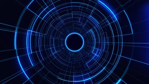 Abstract technology background of blue neon lines forming a futuristic tunnel. Future technology