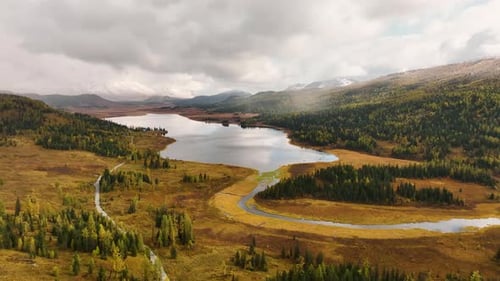Aerial view of Yazovoe Lake and autumn valley