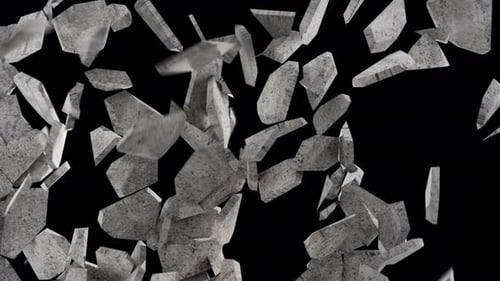Many flying and falling pieces of concrete. Concrete wall destruction animation