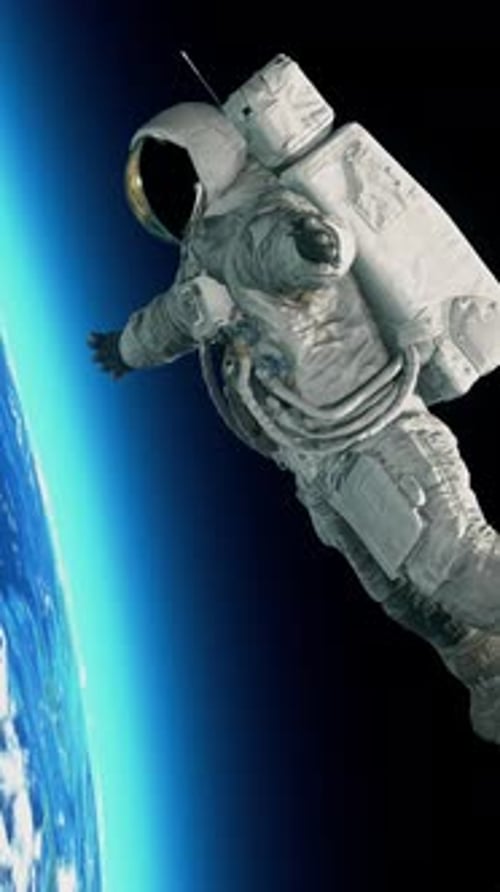 Astronaut Floating in Deep Space Next to Earth Planet