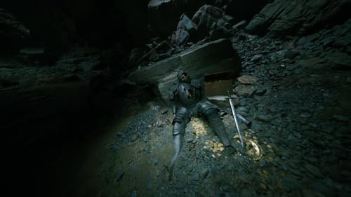 Fallen Knight Rests in a Dark Cave Surrounded By Ancient Rocks and Shadows