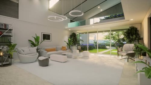 Modern White Interior With Beautiful Backyard View. Home Living Room Design