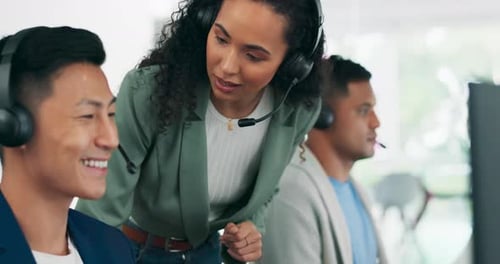 Training, help and computer with business people in call center for customer service