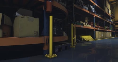 Zone de stockage d'entrepôt avec étagères et boîtes sur un site industriel très fréquenté