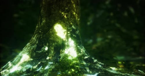 Lebendiges Licht, das die Wurzeln eines Baumes in einer üppigen Waldumgebung zur Geltung bringt