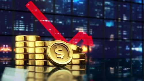 Gold Coins Decline Arrow Down Finance Loop