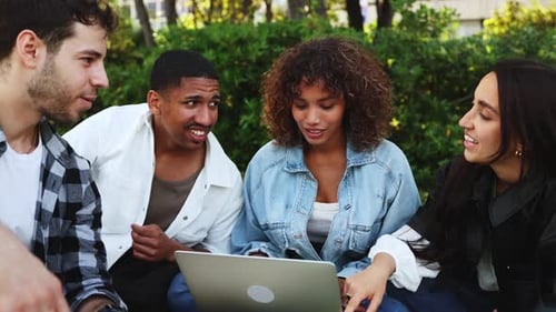 Students studying on laptop in outdoor setting