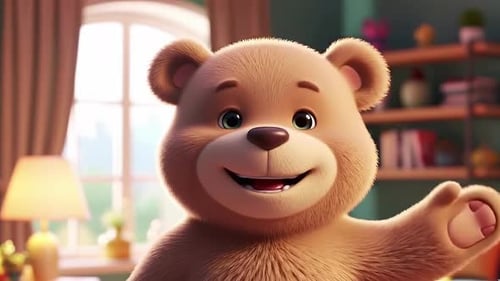 Kuscheliger Teddybär winkt im gemütlichen Wohnzimmer mit warmer Beleuchtung