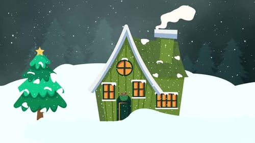 Animated Winter House with Christmas Tree and Falling Snow
