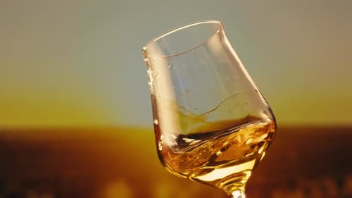 Orange or White Wine Bottle and Glass Against a Sunset in a Peaceful Vineyard Pouring of Ecological