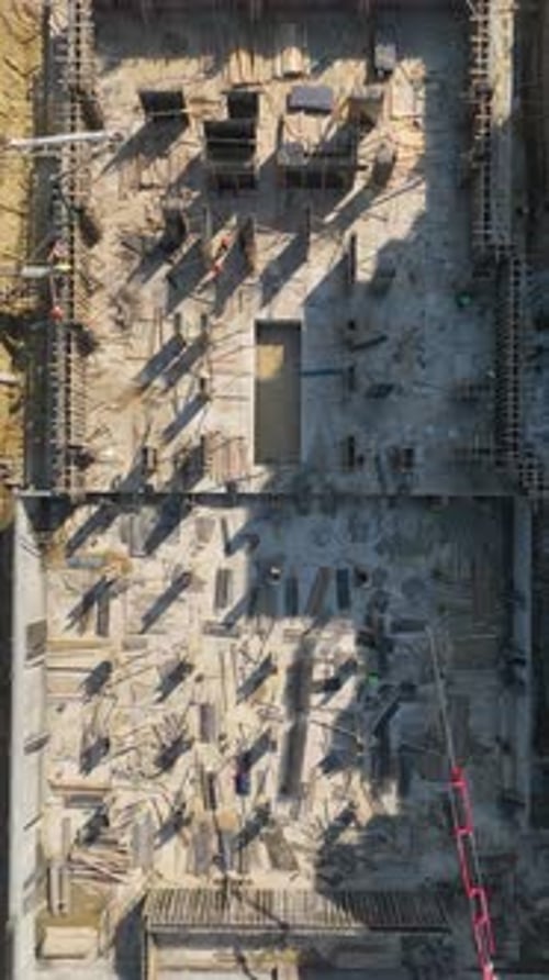 Vídeo vertical: trabajadores construyen paredes en una obra de construcción activa para mostrar la dedicación que hay detrás