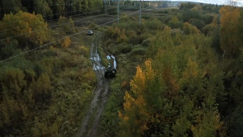ATVs driving on muddy road in forest