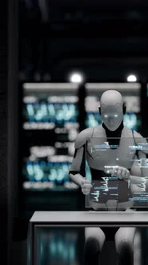 Robots Working with Holographic Interfaces Displaying Code