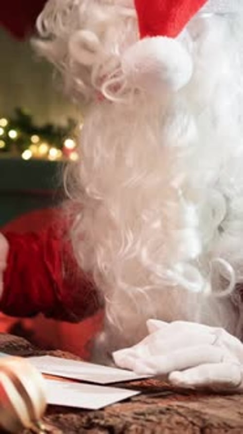 Old Santa Claus Is Reading Christmas Letters And Gifts On His Office Table