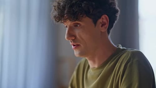 Unknown Man Videocalling Laptop Gesturing Remote Office Closeup Online Teacher