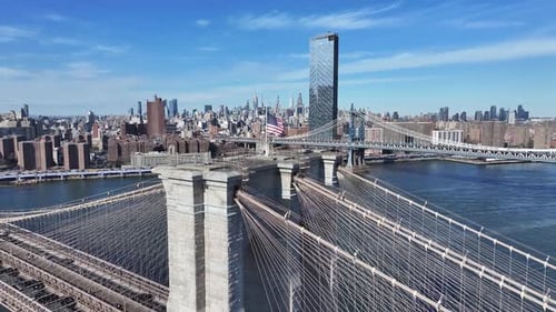 Brooklyn Bridge. Highrise Buildings Scenery. Manhattan Bridge Landscape. Downtown Cityscape.
