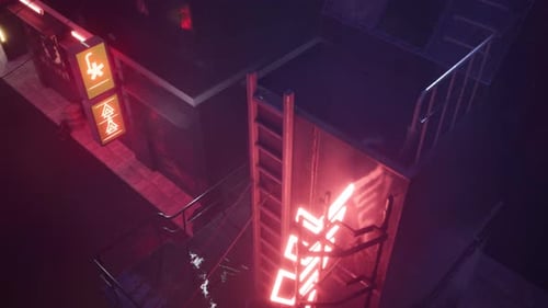 Neon Arrow Sign On Building Wall In Urban Setting With Night Lighting 4K