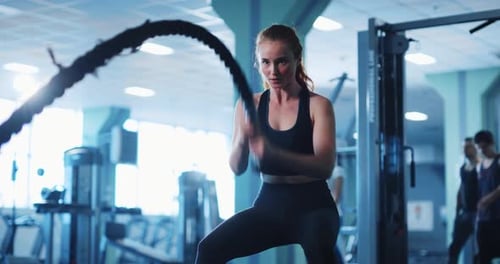 Starke Fitness-Frau Junge Ingwer-Athletin übt Kraftausdauertraining mit Battle Ropes in