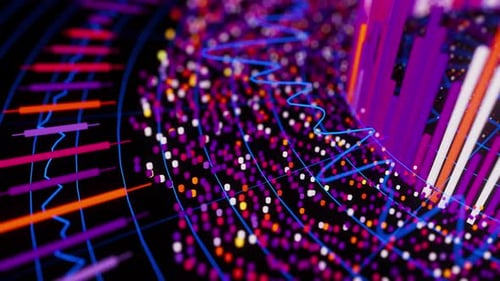 Nahaufnahme der komplexen Animation mit runden Graphen aus dem Quantencomputeruniversum Cyber Space of AI