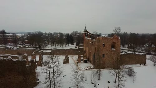 Ruins of Ancient Livonian Order's Stone Medieval Castle Latvia Aerial Drone Top Shot From Above . Re