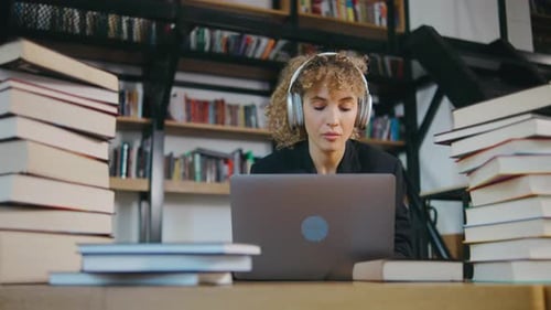 Young Girl College Student Sit at Desk Use Pc Laptop Computer Watching Distance Online Learning