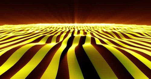 Abstrakter Hintergrund, Straße aus Gelbgold, leuchtend, glänzende digitale Hightech-Linienstreifen aus gewellter Rippe