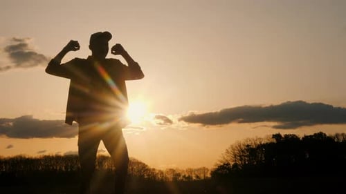 Silhouette of Man Celebrating at Sunset Outdoors