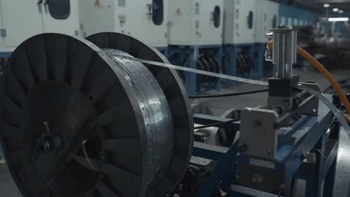 Metal Long Narrow Sheets Wraping on a Bobbin Creative Large Spool in a Factory Workshop Industrial