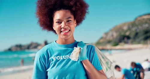 Volunteer, woman and face for cleaning at beach with plastic bag, waste management