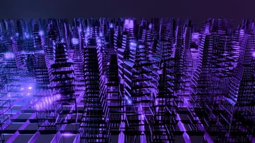 Cyberpunk City Abstract Seamless Loop Background Wireframe Buildings Purple Color Neon Metaverse
