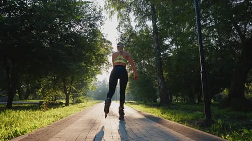 Skating Through a Sunny Park in the Early Morning with Vibrant Greenery