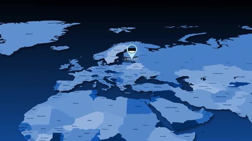 Animated World Map Zoom to Estonia Location Pin