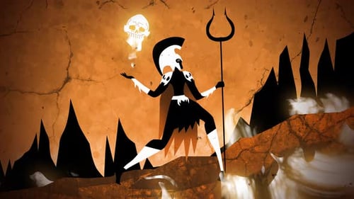 Stylized Underworld Deity with Trident and Glowing Skull Animation