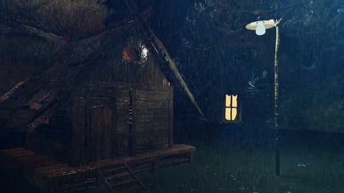 Rain Falls On The Thatched Roof In The Garden At Night