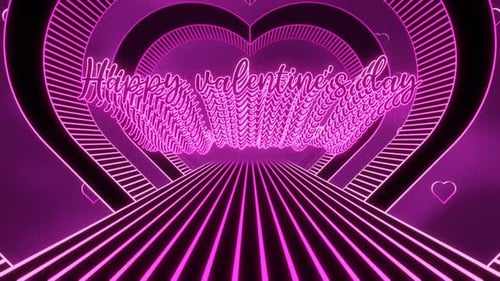 Happy Valentine's Day Pink Neon Flying Text in Retro Tunnel Animation