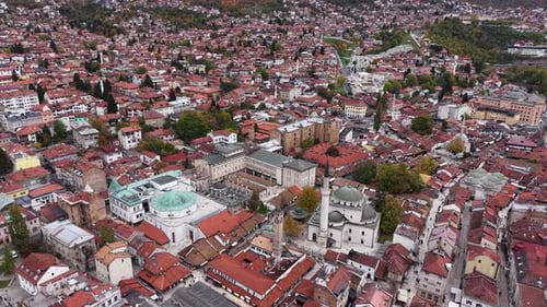 Aerial View of Sarajevo Capital of Bosnia and Herzegovina in Autumn Season, Drone Shot