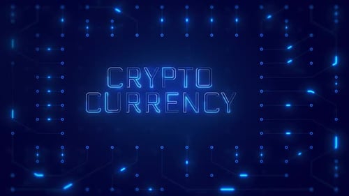 Crypto Currency Word Text with neon circuit board design or computer semiconductor design