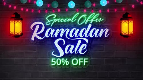 Texte en néon avec lanterne et lumières V3 pour les soldes du Ramadan