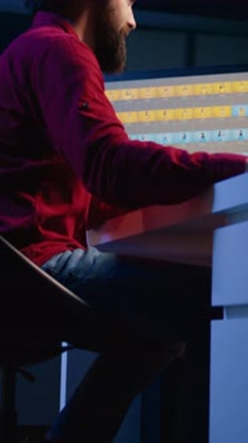 Young Adult Using Computer at Desk at Night