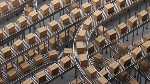 Cardboard boxes moving on a warehouse conveyor system