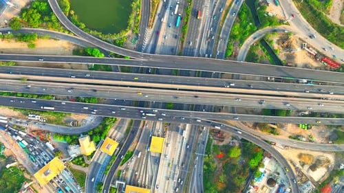 Interchange roads or highway interchanges from aerial view, Drone