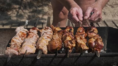 Cooking Barbecue on Skewers on the Grill in Nature Prepare BBQ on Coals