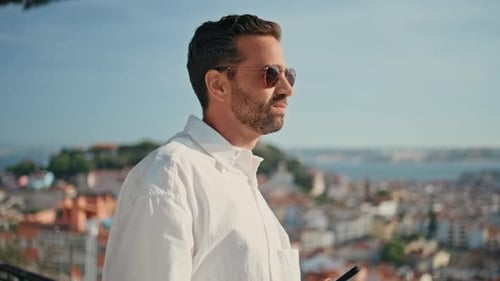 Bearded Macho Watching Seascape Resting at City Viewpoint Close Up Man Relaxing