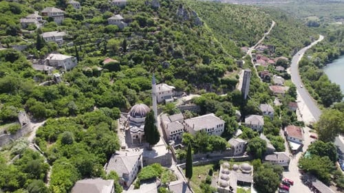 Aerial Overhead View Of Sisman Ibrahim Pasha Mosque In Historic Village Settlement Of Pocitelj. Orbi