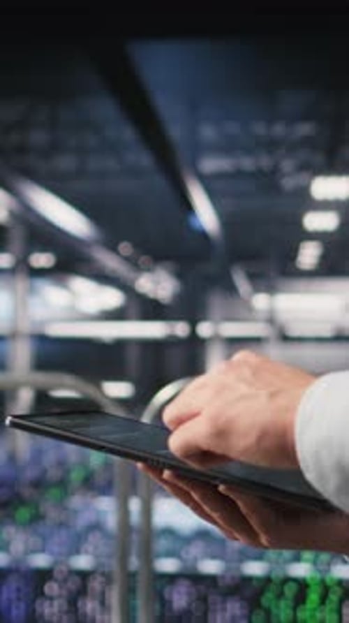 Vertical Video Close Up of Data Center Software Developer Doing Maintenance Tasks on Tablet