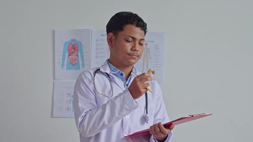 Young Doctor Holding Chart and Pen in Office