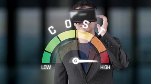Businessman Wearing Virtual Reality Headset with Cost Gauge Displayed on a Digital Interface for Fin