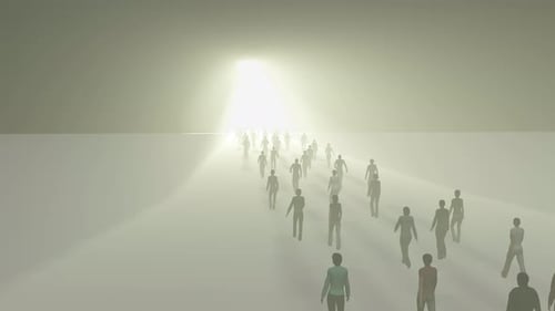 Group of People Walking Into a Shine Gate Door Shaped Like a Keyhole